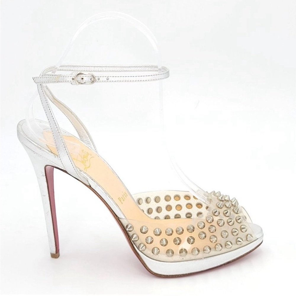CHRISTIAN LOUBOUTIN Lux, Rare ‘ST JEANNETTE’ 120 Silver Spike Sandals. Sz 37.5🔥